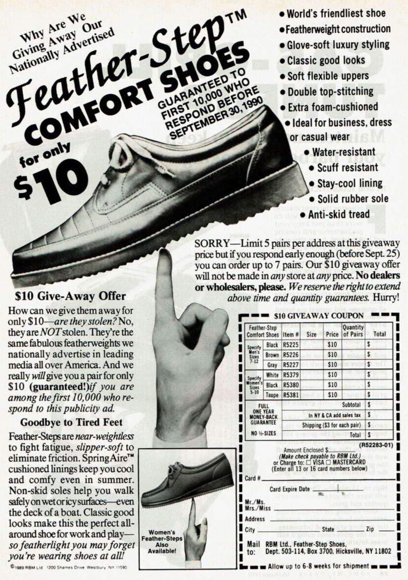 1990 Vintage Print Ad Feather-Step Comfort Shoes for only $10 Tired Feet RBM