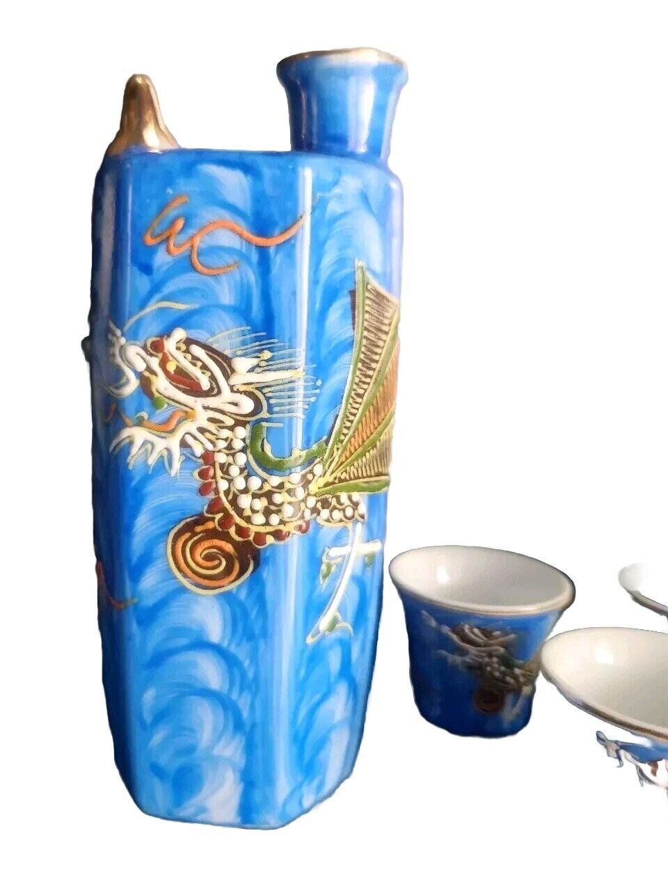 Antique SAKI SET Whistling Dragon Blue