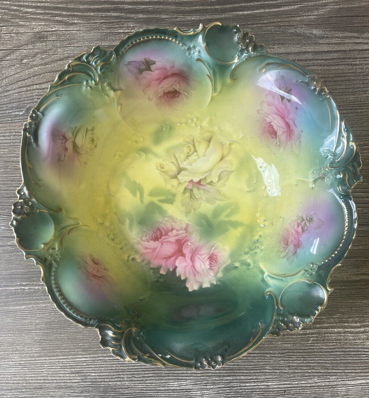 Antique RS PRUSSIA HAND PAINTED FLORAL PINK/YELLOW ROSES  BOWL Gilded Accents