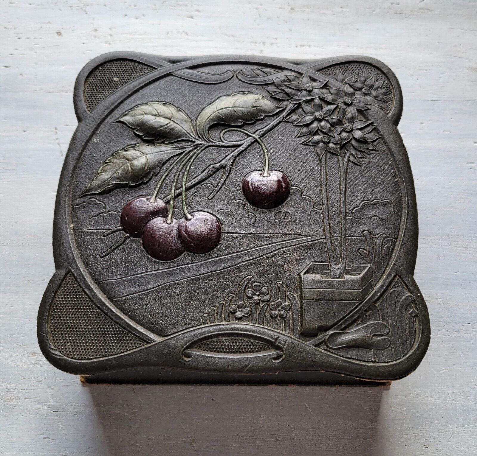 Antique Embossed Cherries Art Nouveau Cardboard Jewelry Box
