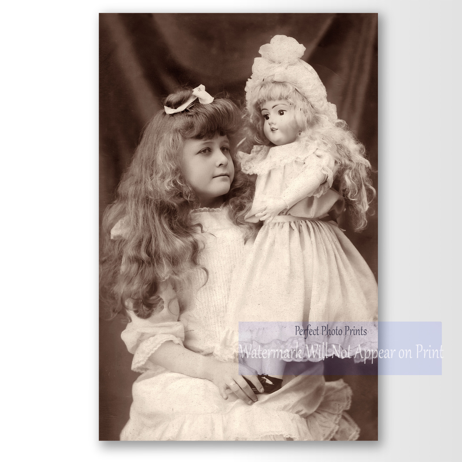 Antique Victorian Era Young Girl Posing with Doll Studio Photo Photo Print