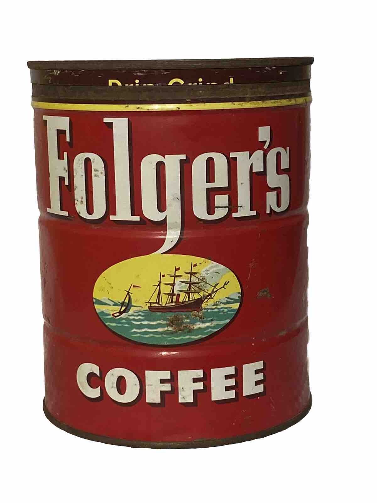 Vintage 1952 FOLGER'S 2 lb.  Empty Coffee Can & LID -Pic Of Ship Sailing- CANCO