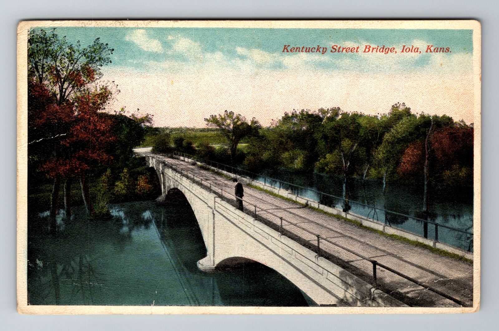 Iola KS-Kansas, Kentucky Street Bridge, Antique Vintage c1923 Souvenir Postcard
