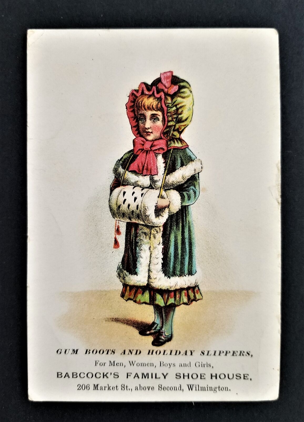 1880 antique BABCOCK\'s FAMILY SHOE HOUSE wilmington de victorian trade card ad 