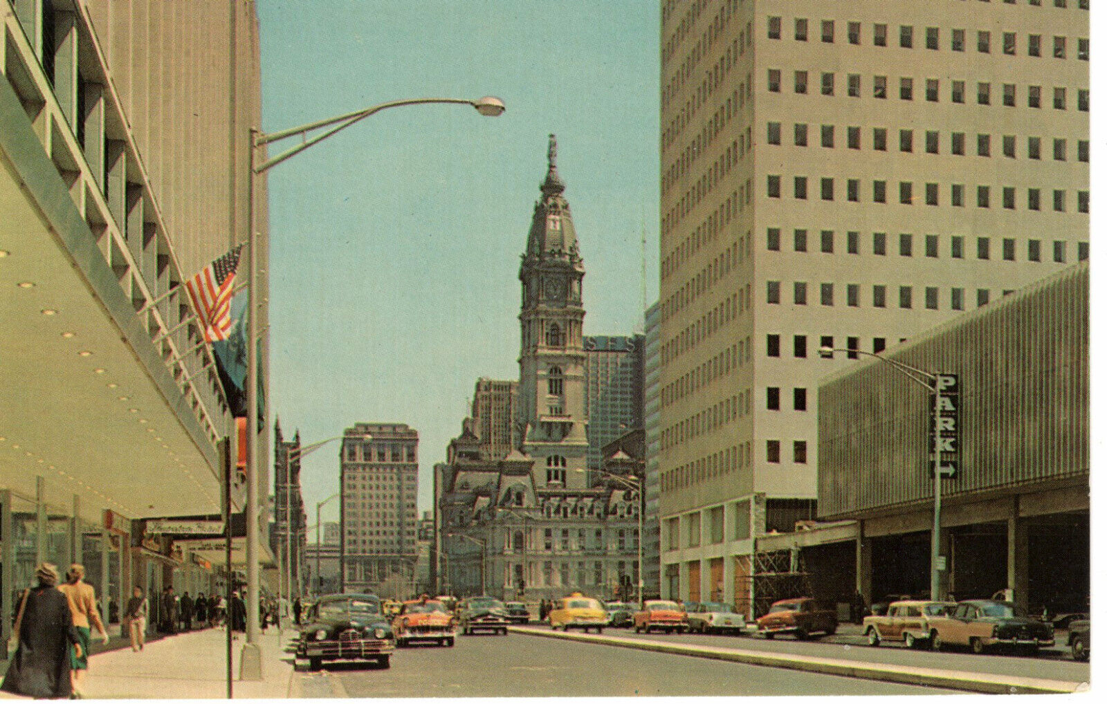 Vintage Postcard PA Philadelphia Penn Center Street View 40s 50s Cars-549