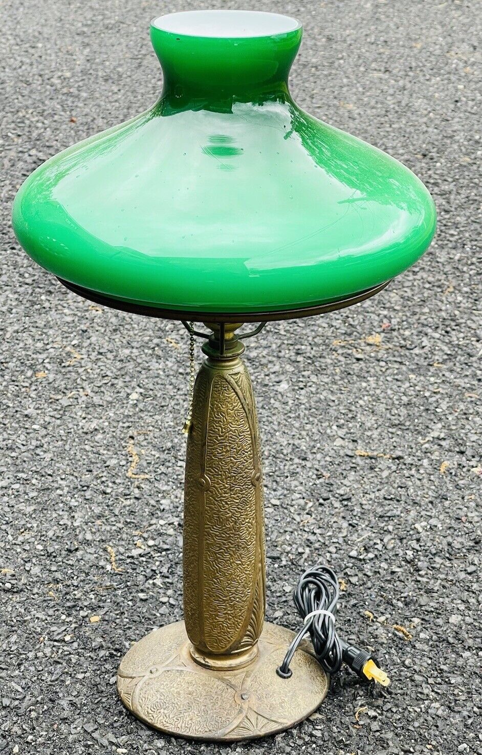 1920s American Arts & Crafts Gilt Metal Lamp. Emeralite Style Green Glass Shade.