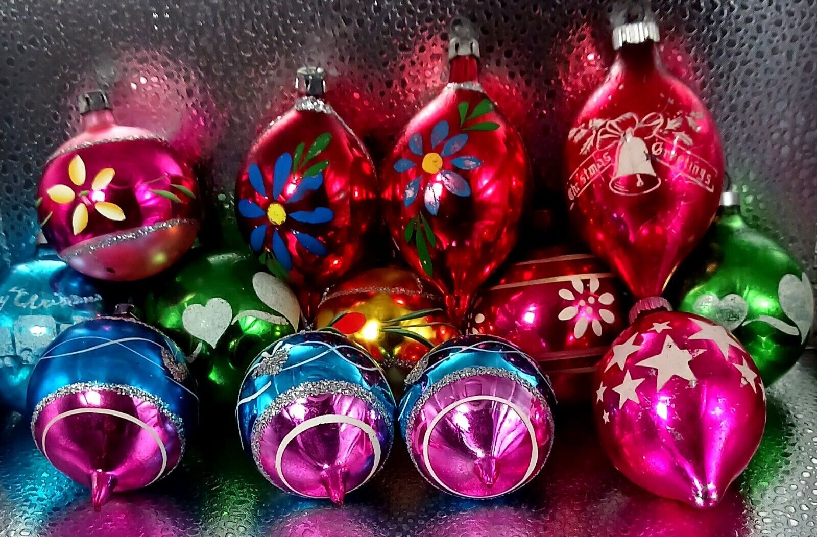 Lot Of 13 Vintage Glass Christmas Ornaments Glitter Colorful Nice