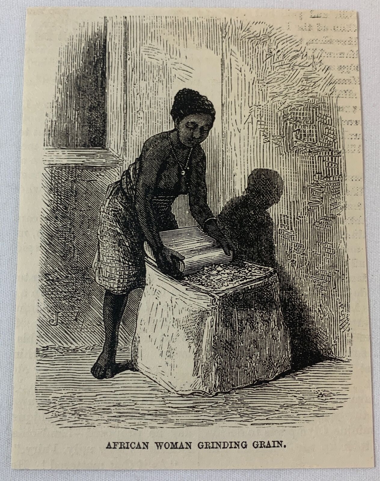1883 small magazine engraving ~ AFRICAN WOMAN GRINDING GRAIN