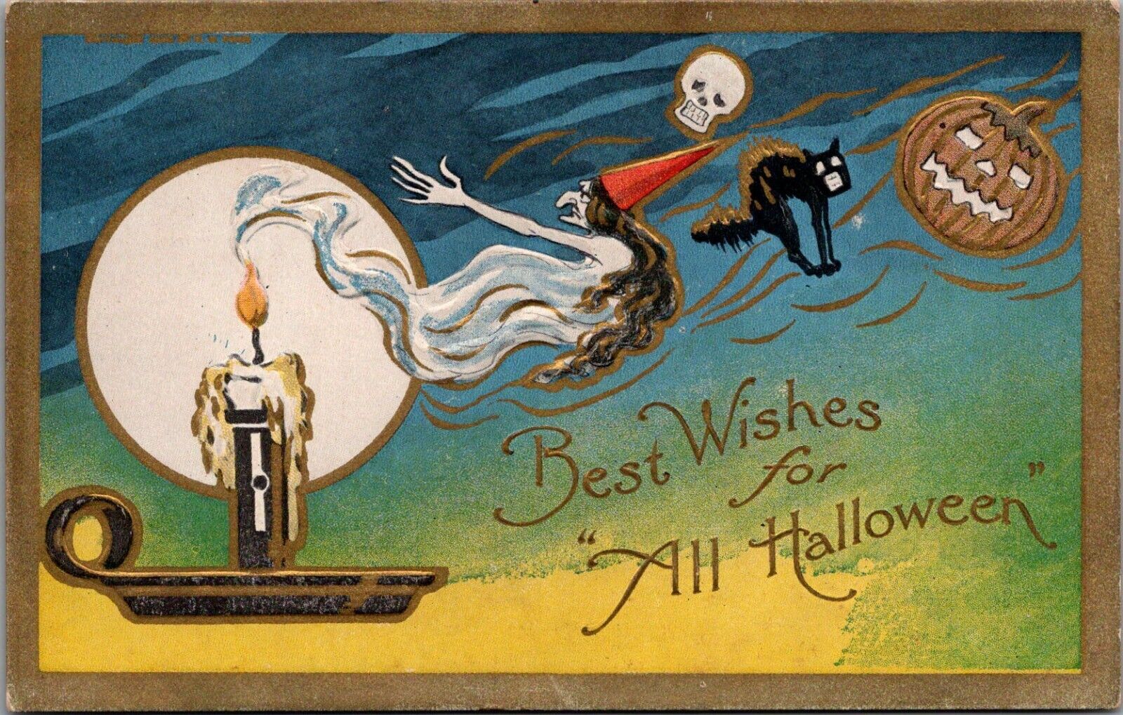 Postcard Best Wishes for All Halloween; Witch, Candle, Skull, Black Cat Cm