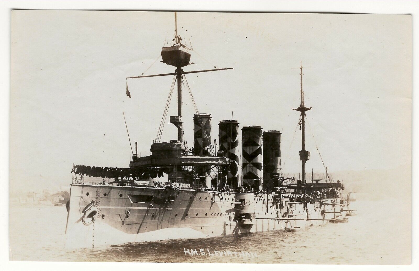 WWI H.M.S. Leviathan British navy cruiser ship photo, dazzle camouflage 