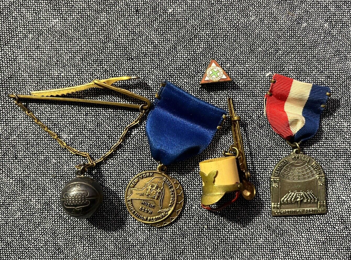 VINTAGE MUSIC NYS And NJ MEDALS  Drum major & Basketball Tie Bars YMCA Pin 1940s