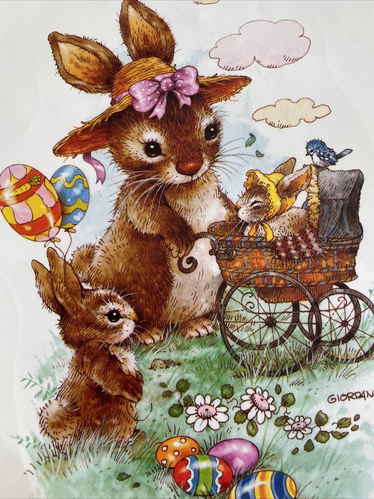 Vintage Eureka Vinyl Window Cling Easter Mom Rabbit With Baby Bunny In Carriage