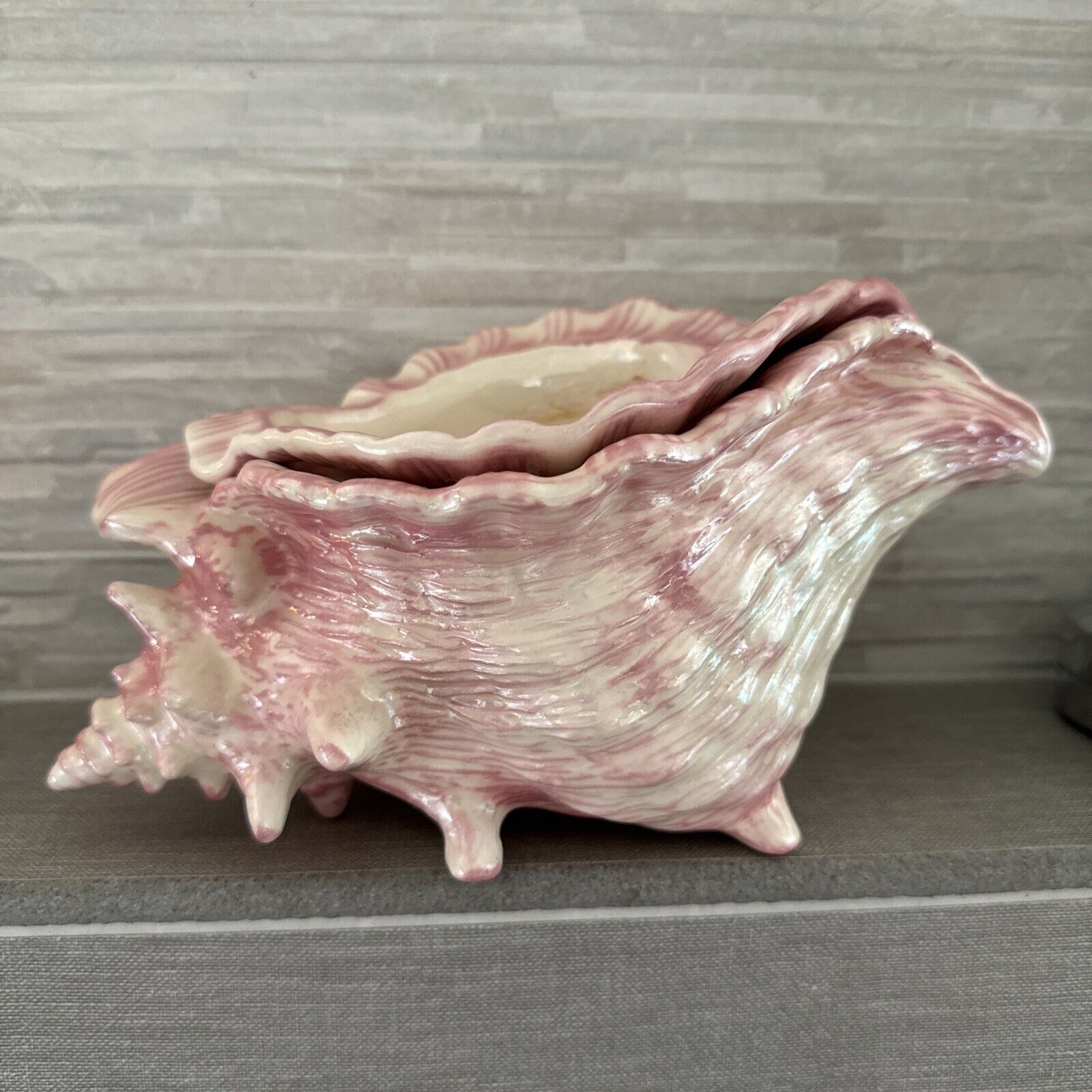 Vtg Atlantic Mold Pink Conch Shell 2 Piece Planter, African Violet Planter, MCM