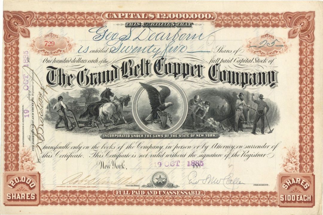 General George McClellan signed Grand Belt Copper Co. - Autographed Mining Stock