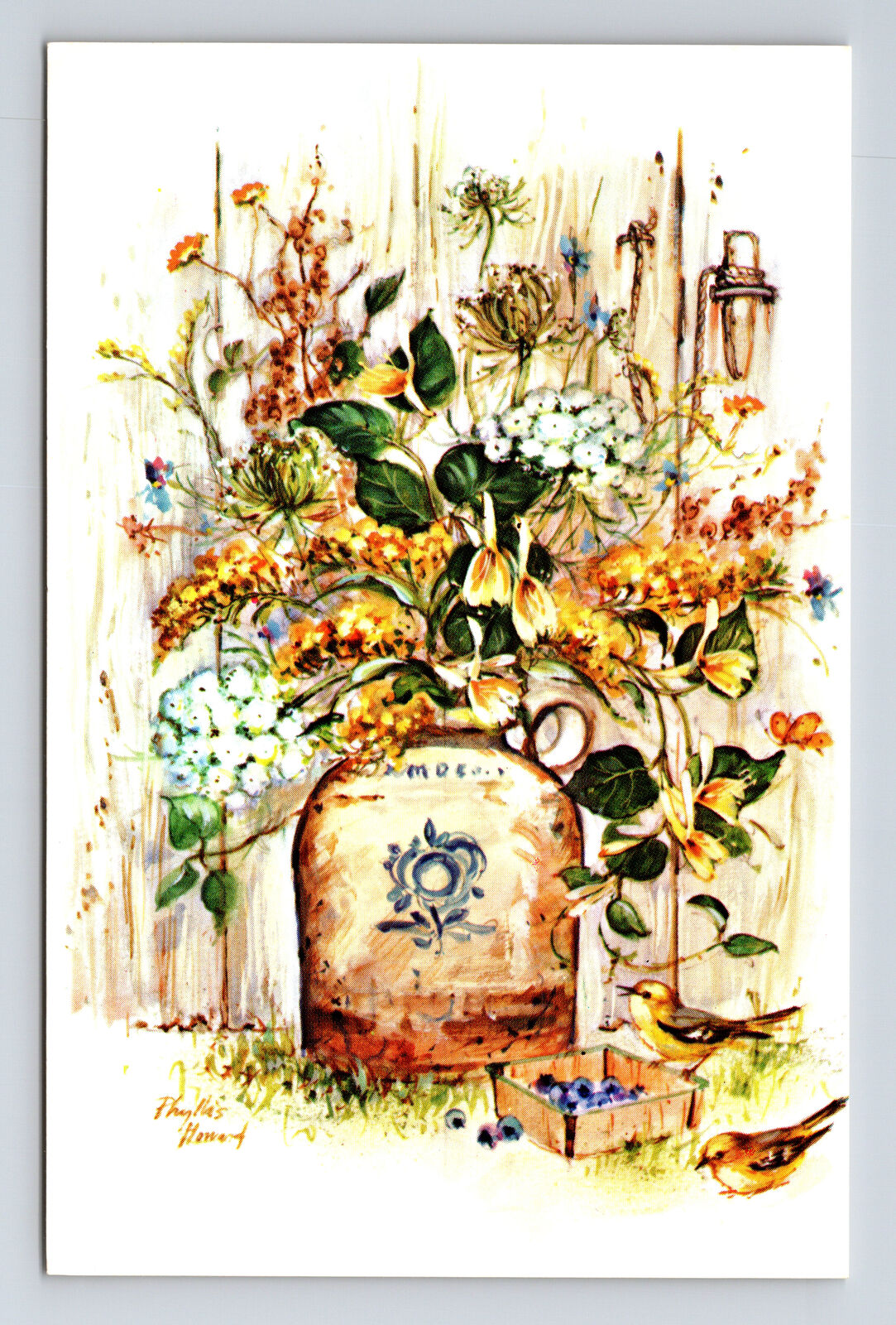 Garden Painting Birds Flowers by Phyllis Howard Postcard