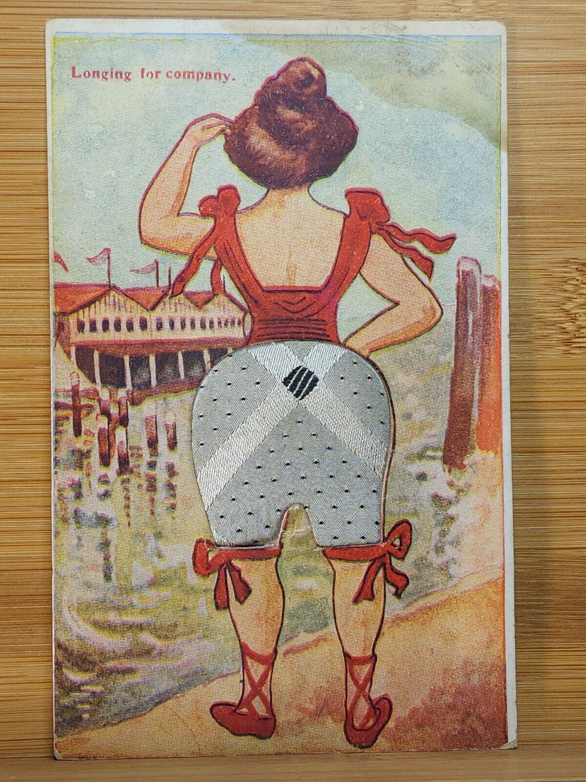 1910s Pincushion WOMAN ON BEACH Fabric Bathing Suit RISQUE Longing for Company