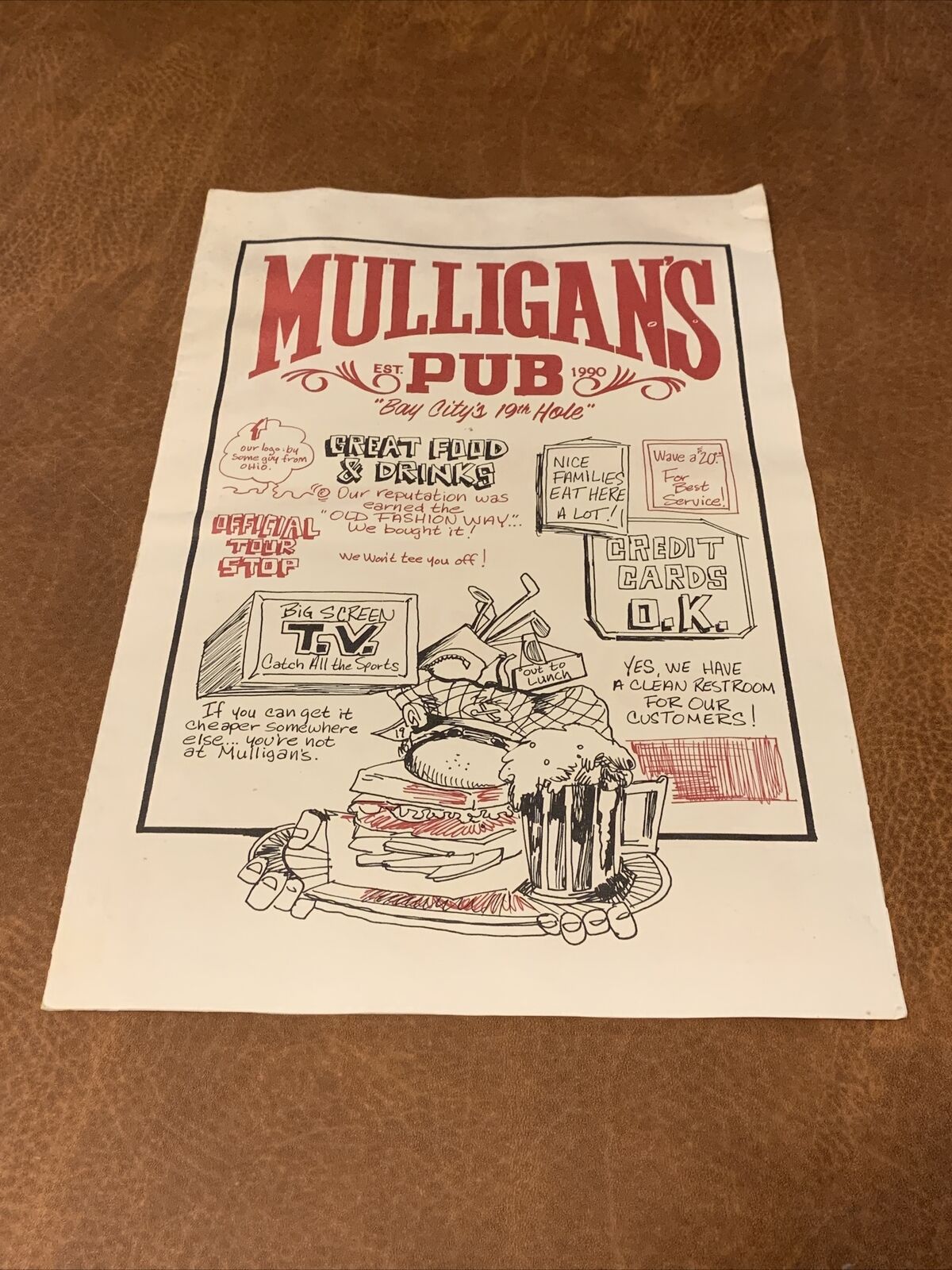 Vintage Rare Mulligan’s Pub Bay City Michigan Menu 