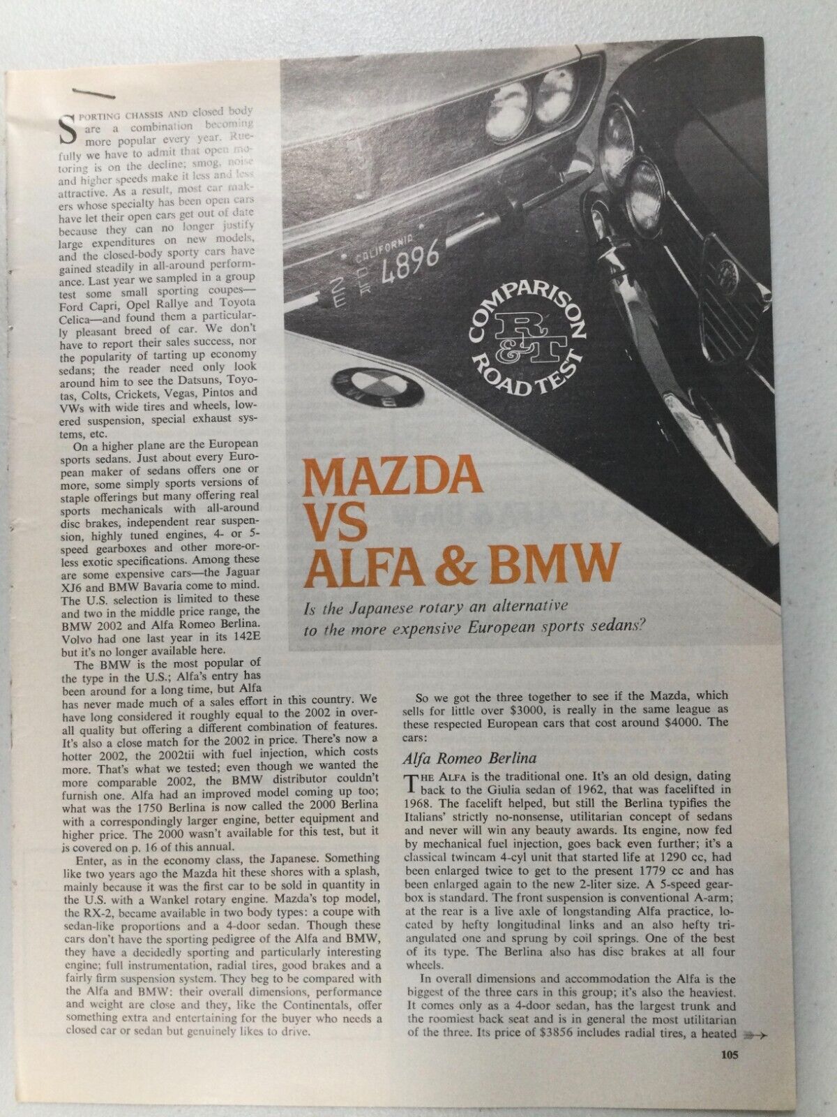 MazdaArt31 Article Road Test 1972 Mazda RX-2 vs Alfa 1750 & BMW RTA 1973 6 page