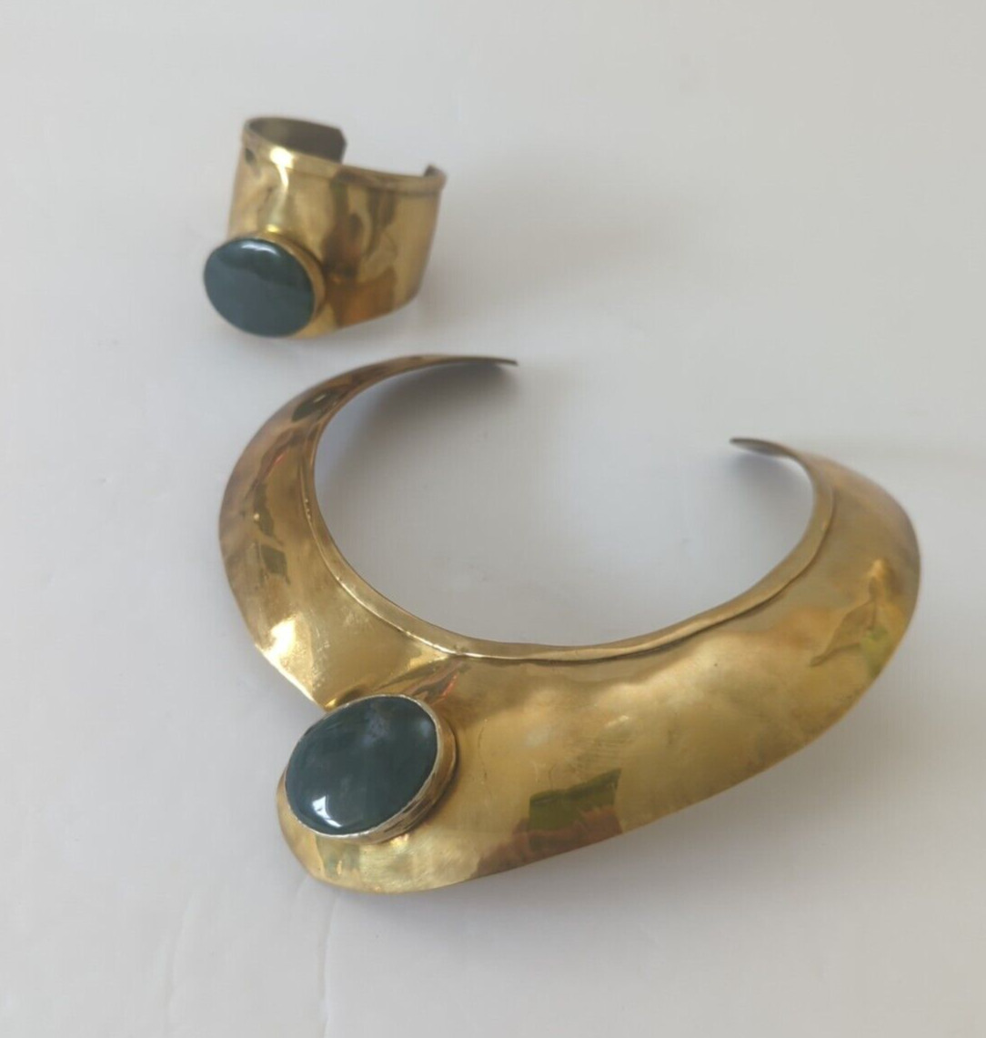 VTG Brass Handmade Large Labdorite Stone Modernist Minimalist Choker/Bracelet