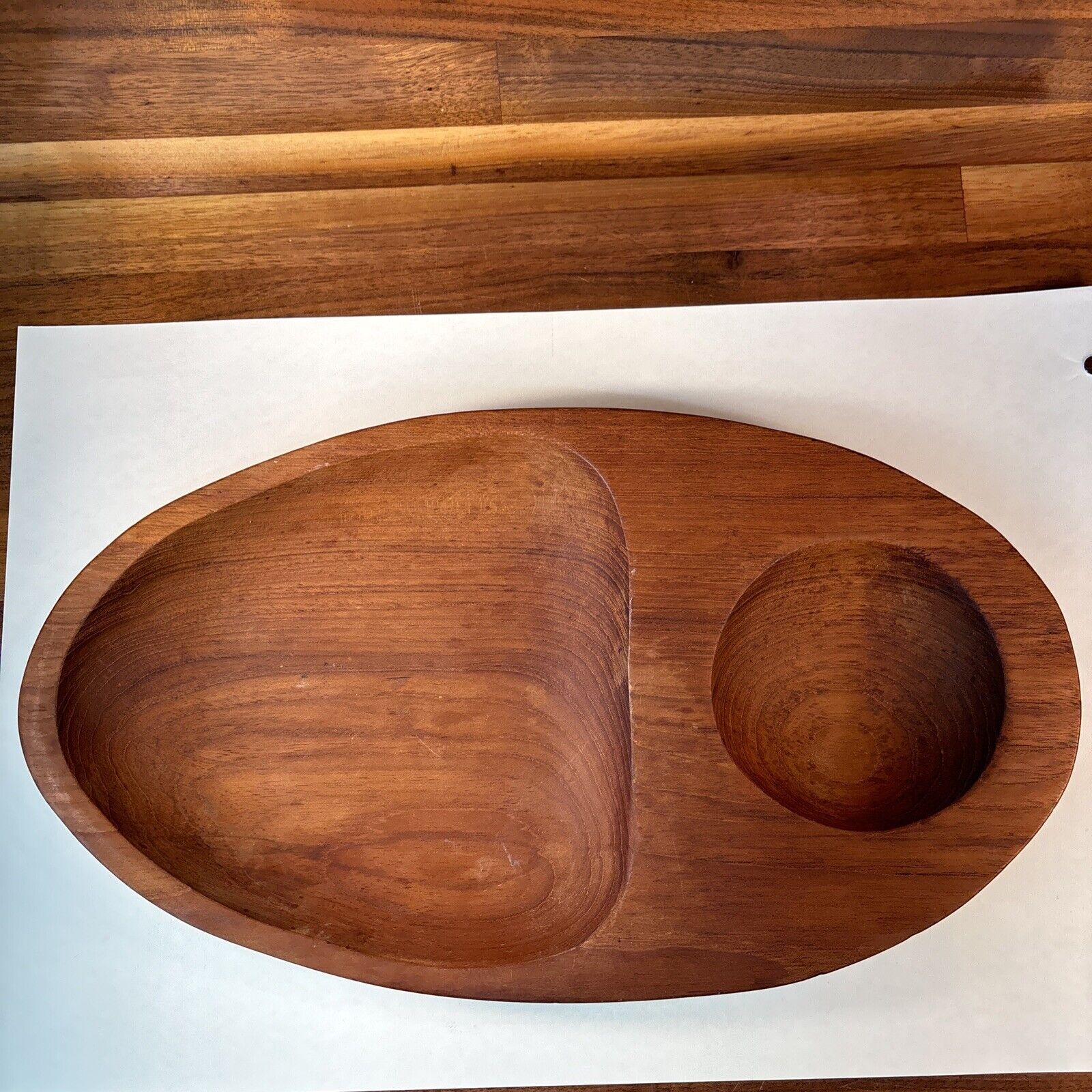 Vintage Mid Century  Modern Teak Wood Divided Platter Thailand Hand Made 14”x8”