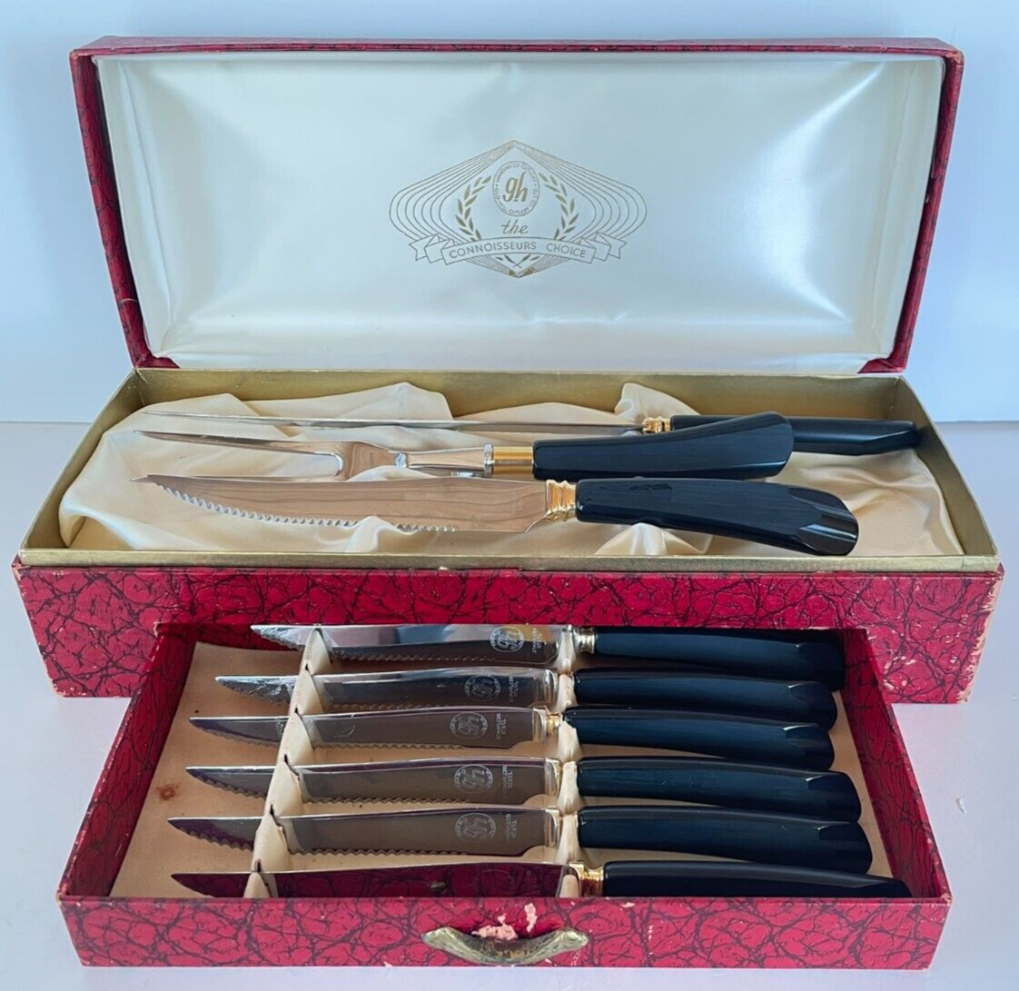 Vintage 9 Pc GloHill Cutlery Carving Set & 6 Steak Knifes Bakelite Handle w Case