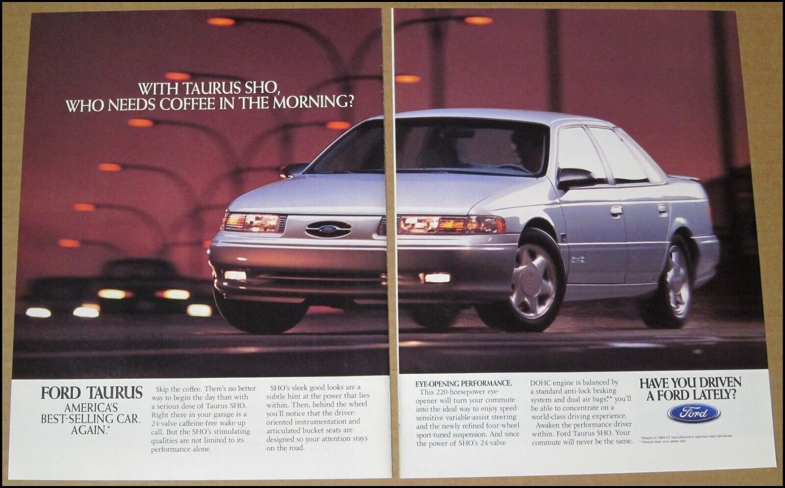 1994 Ford Taurus SHO 2-Page Print Ad Automobile Car Advertisement Vintage