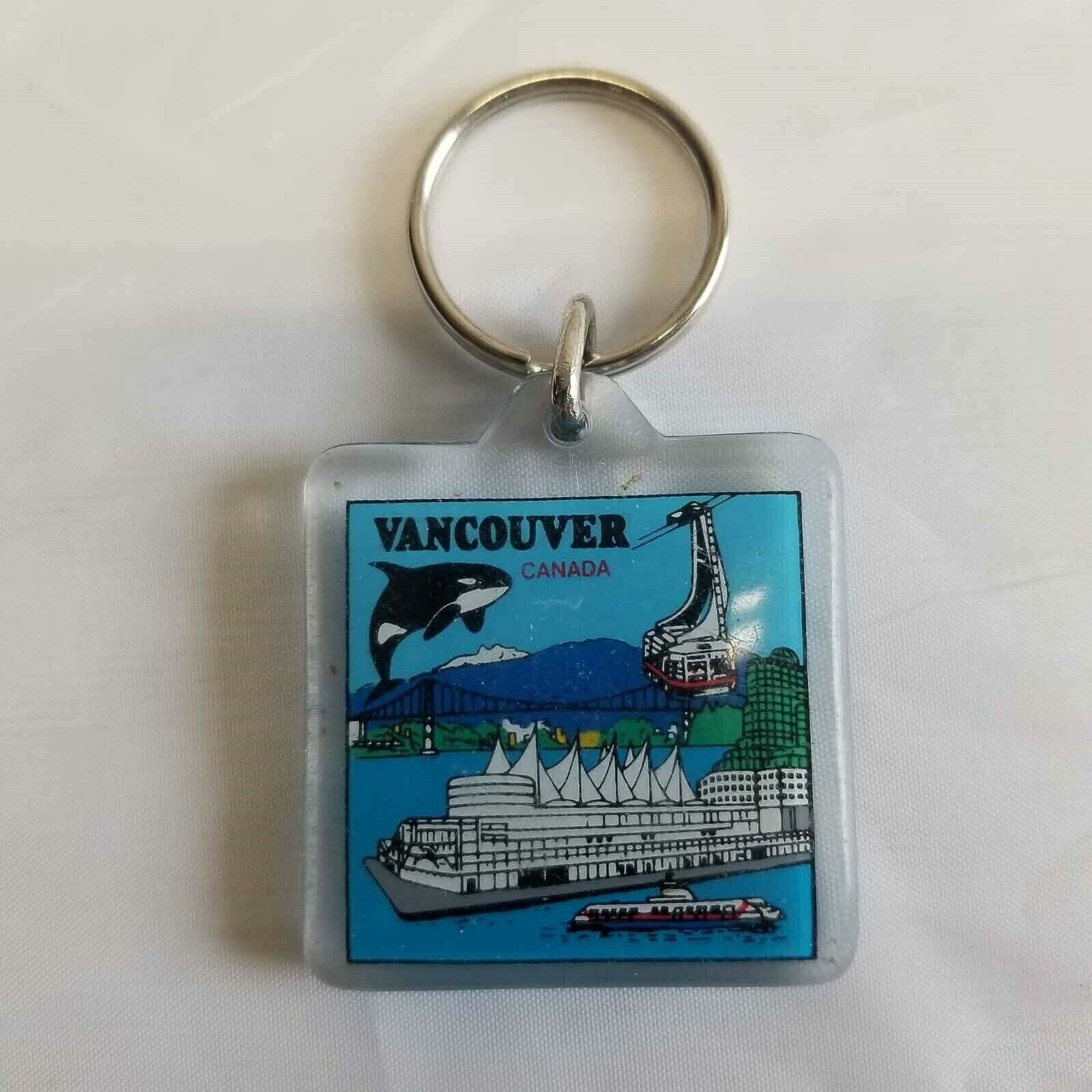 Vintage Vancouver Canada Keychain Orca Whale 5 Sails Acrylic Souvenir