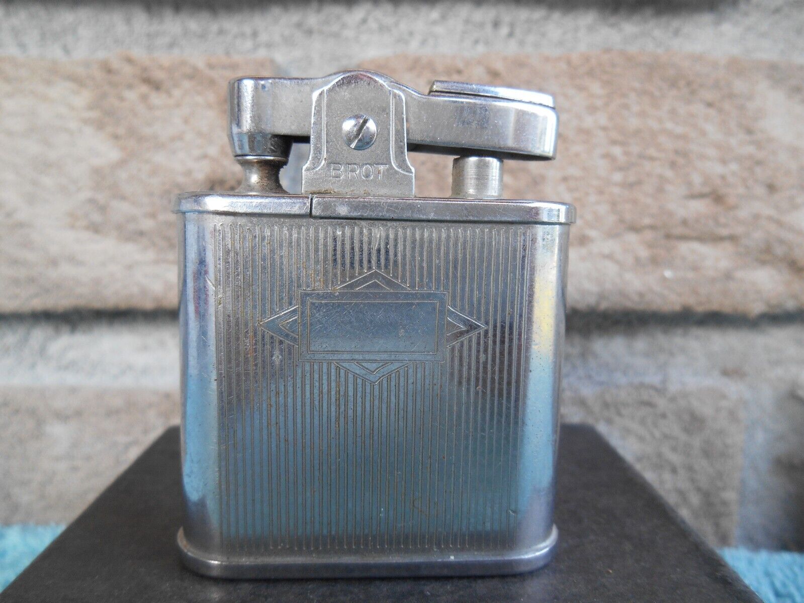 Vintage BROT ETCHED CHROME WINDPROOF AUTOMATIC CIGARETTE LIGHTER UNFIRED