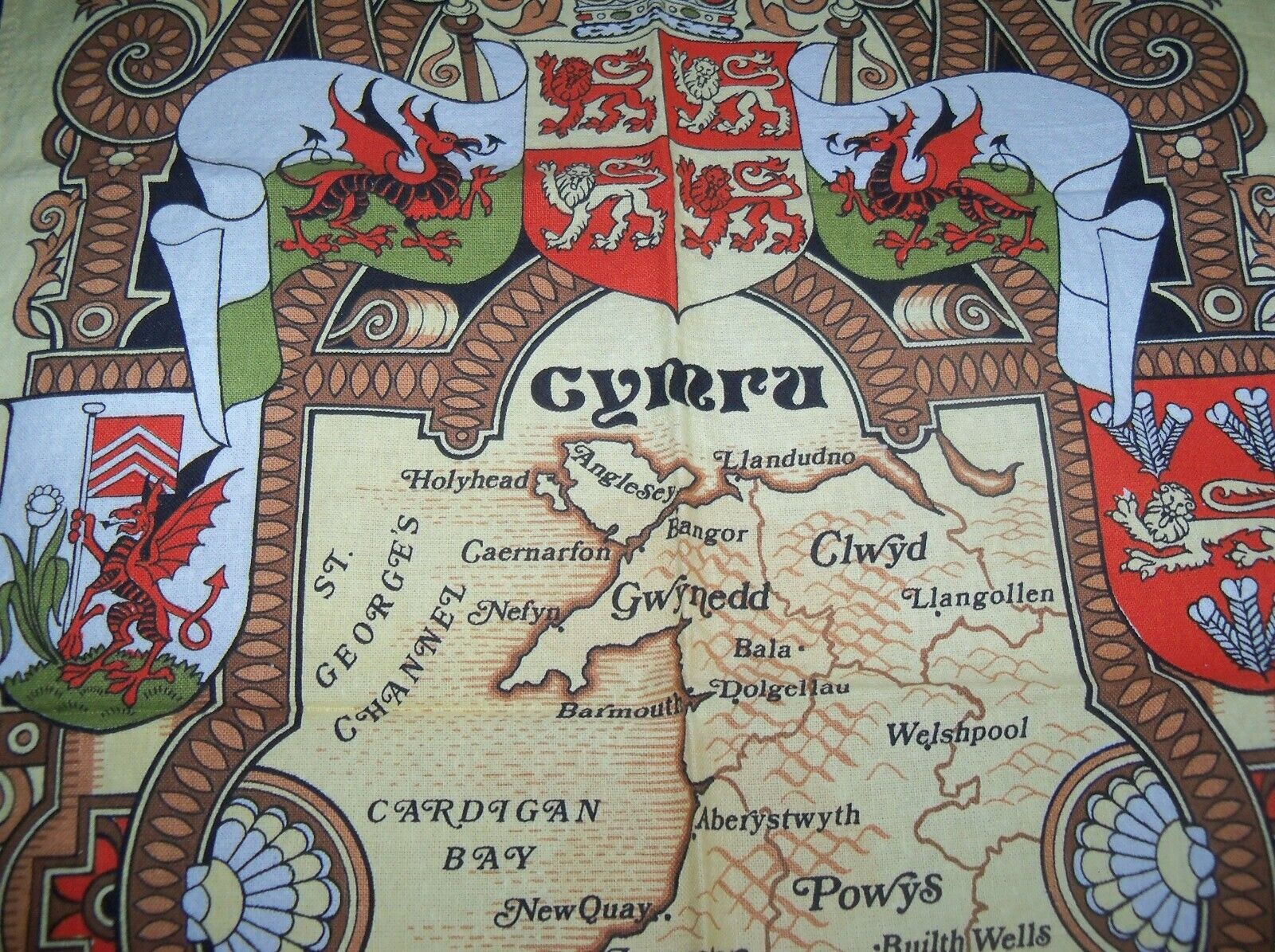 Vintage Tea Towel - CYMRA Wales Map Dragon Coats of Arms Lions Celtic Harp Crown