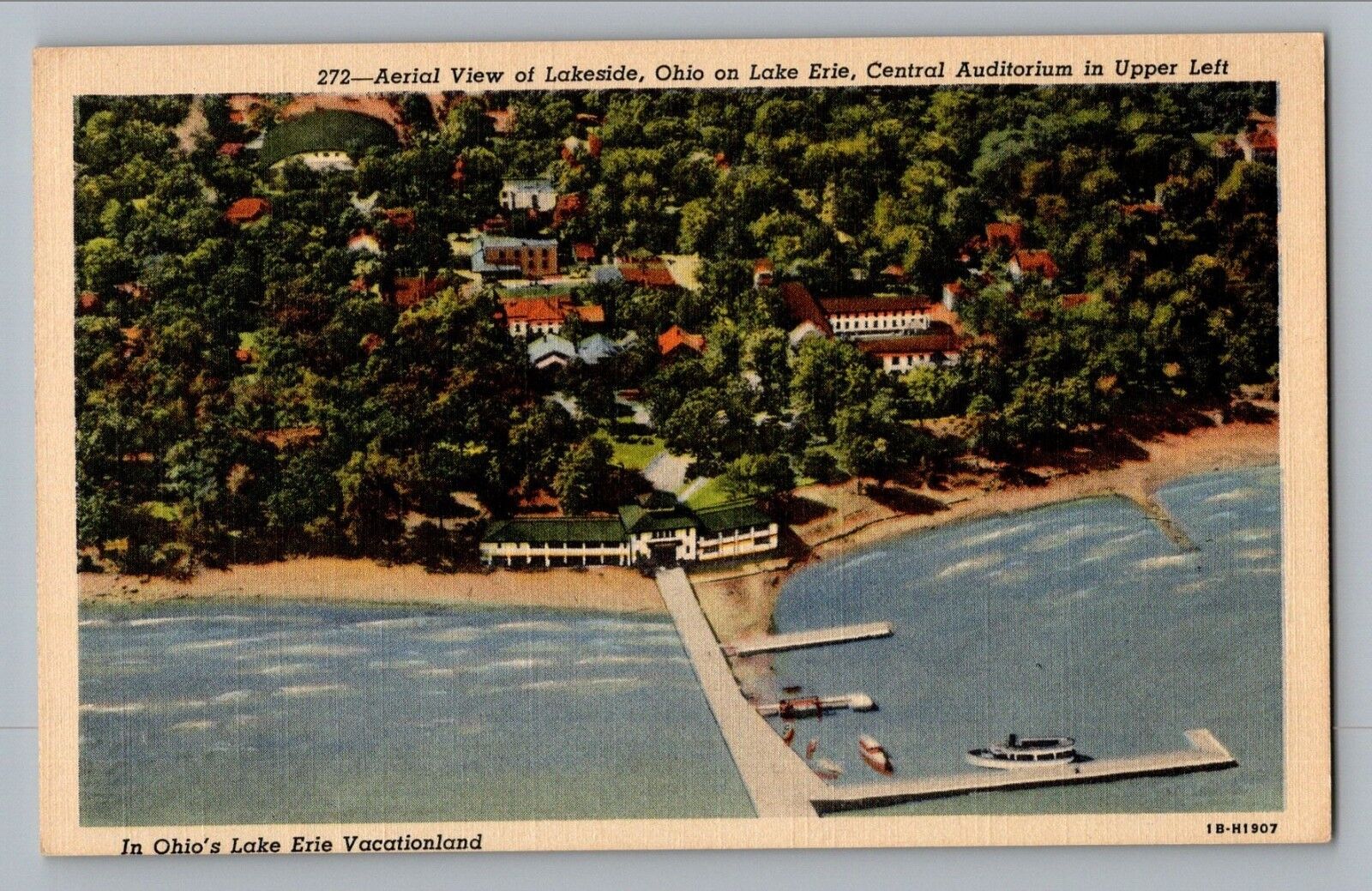 Lakeside Ohio Aerial View Lake Erie Central Auditorium Curt Teich Postcard 1941