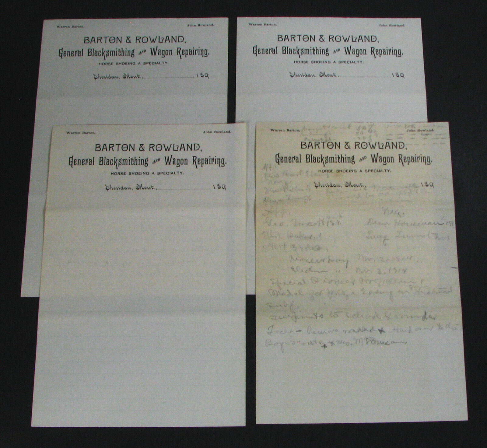 #21 - 4 old SHERIDAN, MONTANA / BARTON & ROWLAND BLACKSMITH letterheads SCHOOL