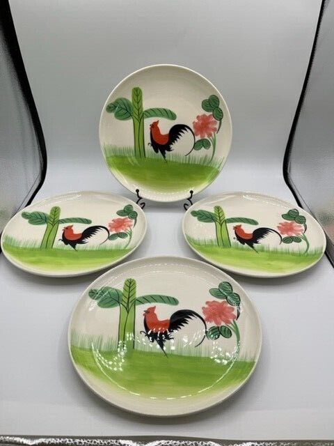Rare Indra fine stoneware Handpainted Rooster Dinner Plates Set of 4 No Damage
