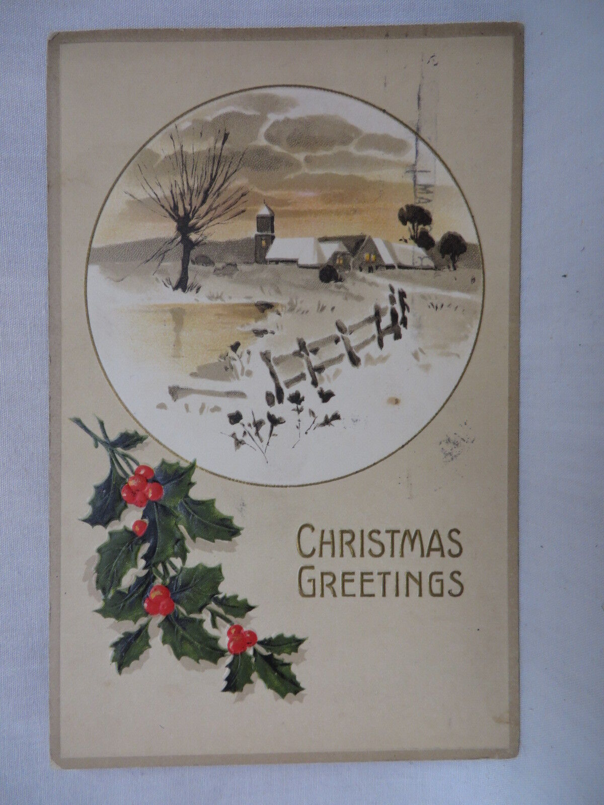 VINTAGE EMBOSSED CHRISTMAS POSTCARD POND BY SNOWY ROAD TO A VILLAGE 1910