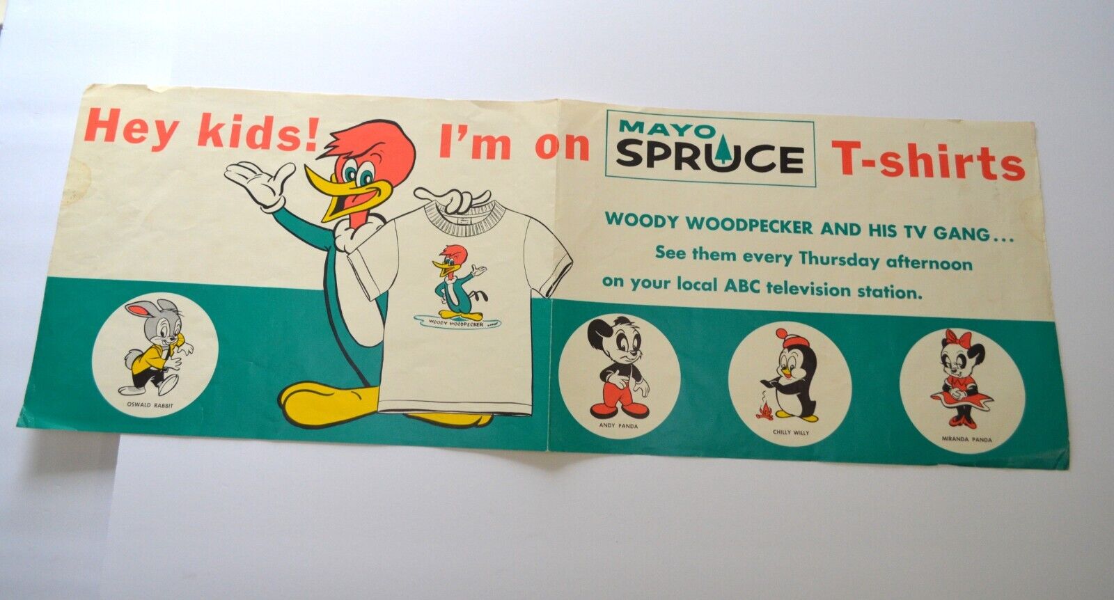 Vintage 1960\'s Mayo Spruce Shirt Sales Display Poster with Woody Woodpecker