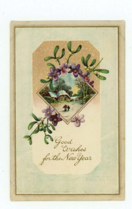Vintage New Year  Postcard  DIAMOND  PURPLE FLOWERS  WINTER    EMBOSSED  POSTED