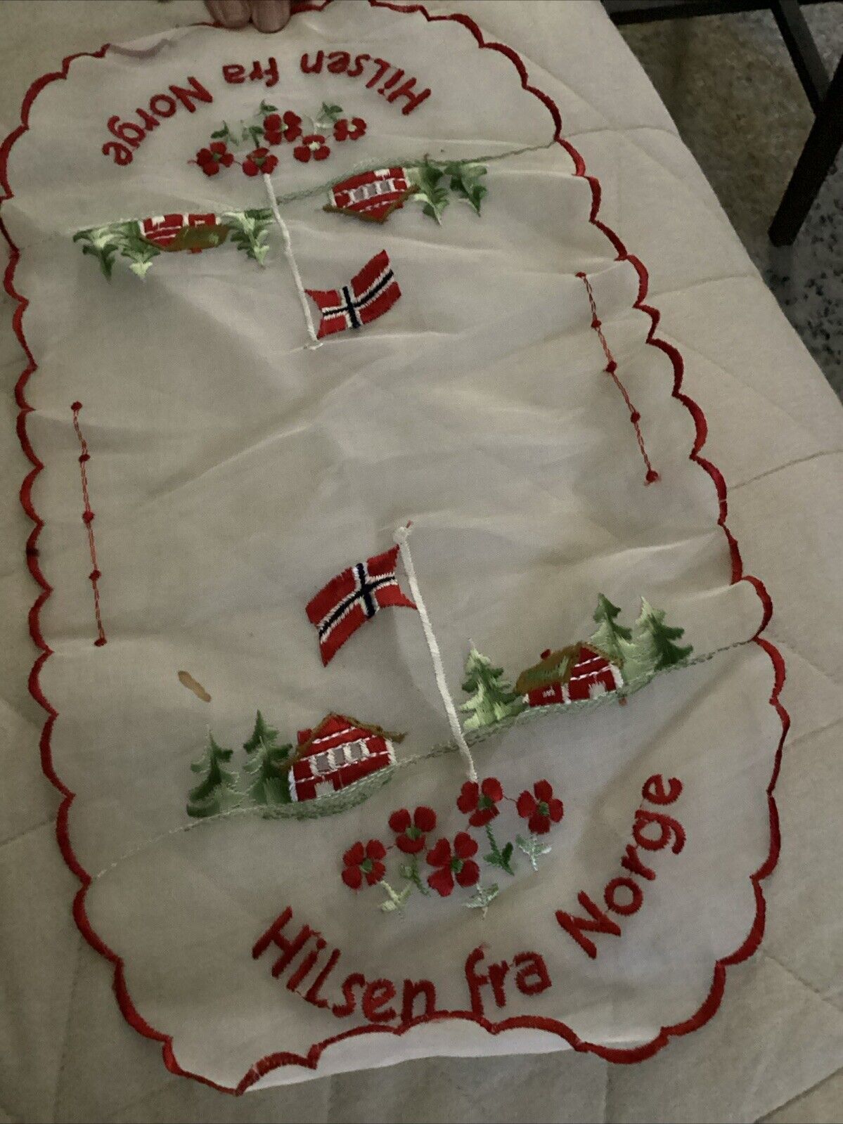 Vintage Norwegian Table Runner Norway Embroidery-Hilsen fra Norge