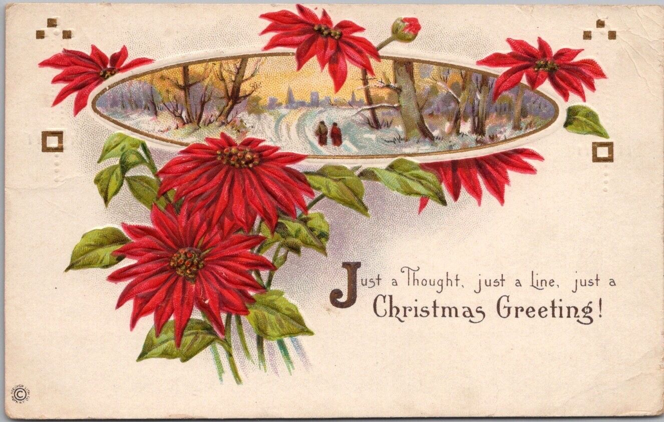 1917 CHRISTMAS Embossed Postcard Winter Scene / Poinsettia Flowers STECHER 545F
