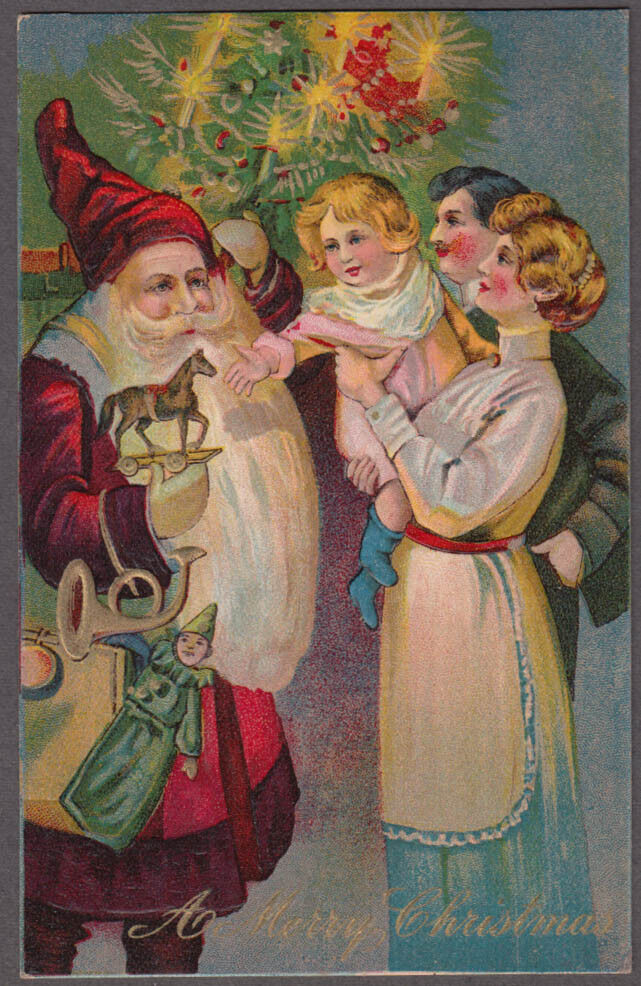 Santa Claus Christmas postcard 1910 parents offer baby; holds toy horse