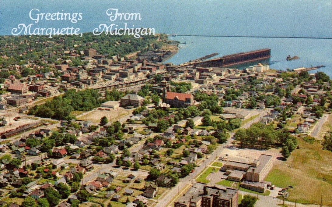 Postcard - Greetings from Marquette, Michigan Aerial View Posted 1963 2416