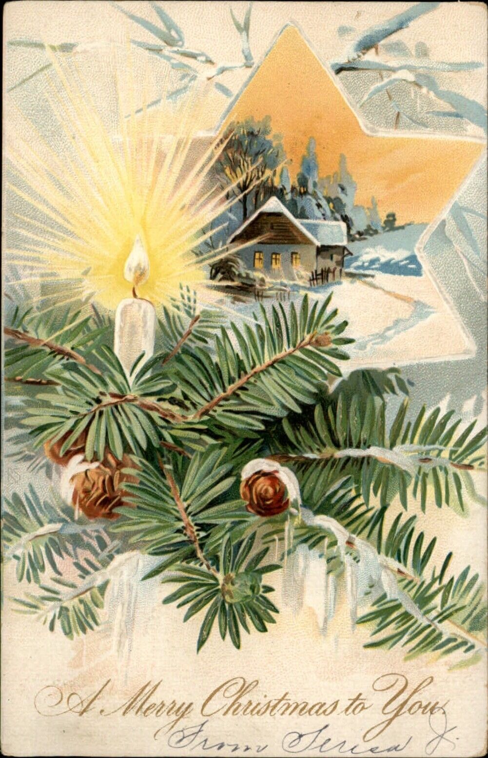 Christmas pine candle Tuck UDB 1908 DPO Fosters MI to NEVA BUCK Freeland MI