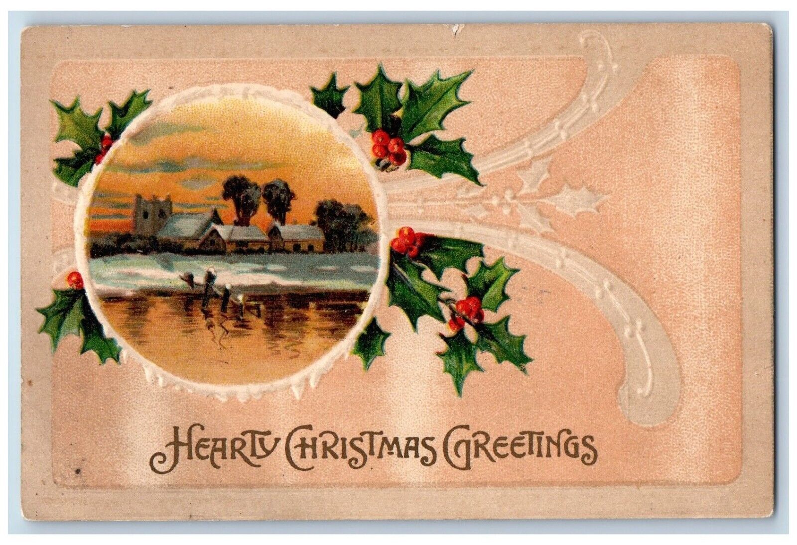 Christmas Postcard Greeting Holly Berries House Winter Embossed Germany c1910's