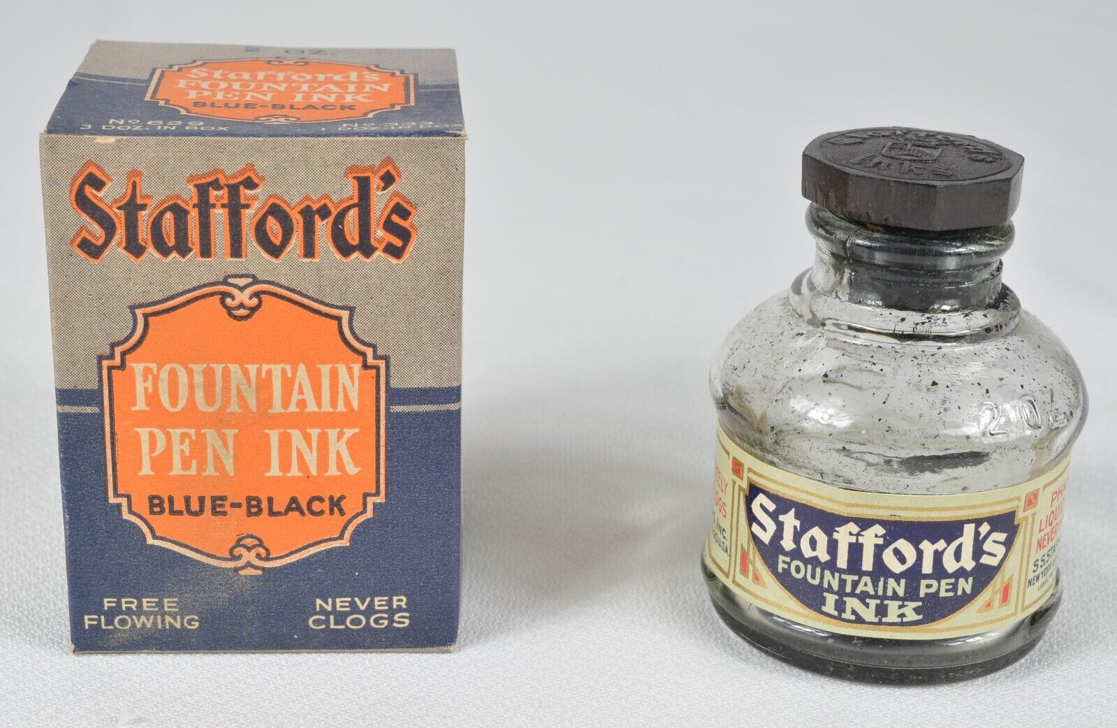Antique / Vtg Stafford\'s Fountain Pen Ink Blue-Black 2oz w/Orig Box Wood Top