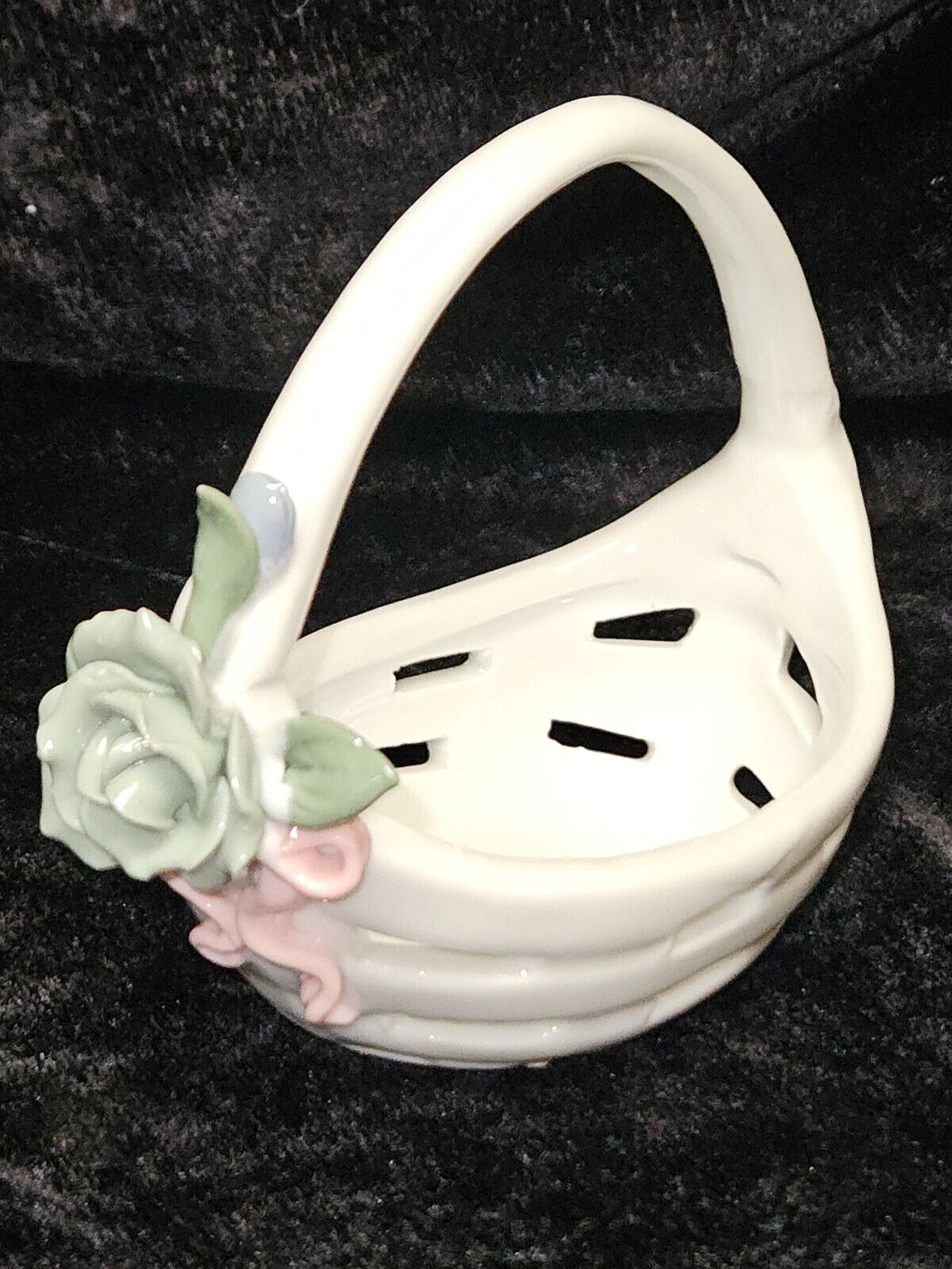 SILVESTRI Vintage White Porcelain Miniature Floral Basket ~ with Applied Flowers