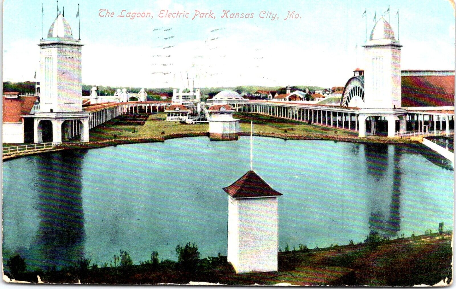 Postcard 1909, The Lagoon, Electric Park,  Kansas City Missouri, Sent to Vermont