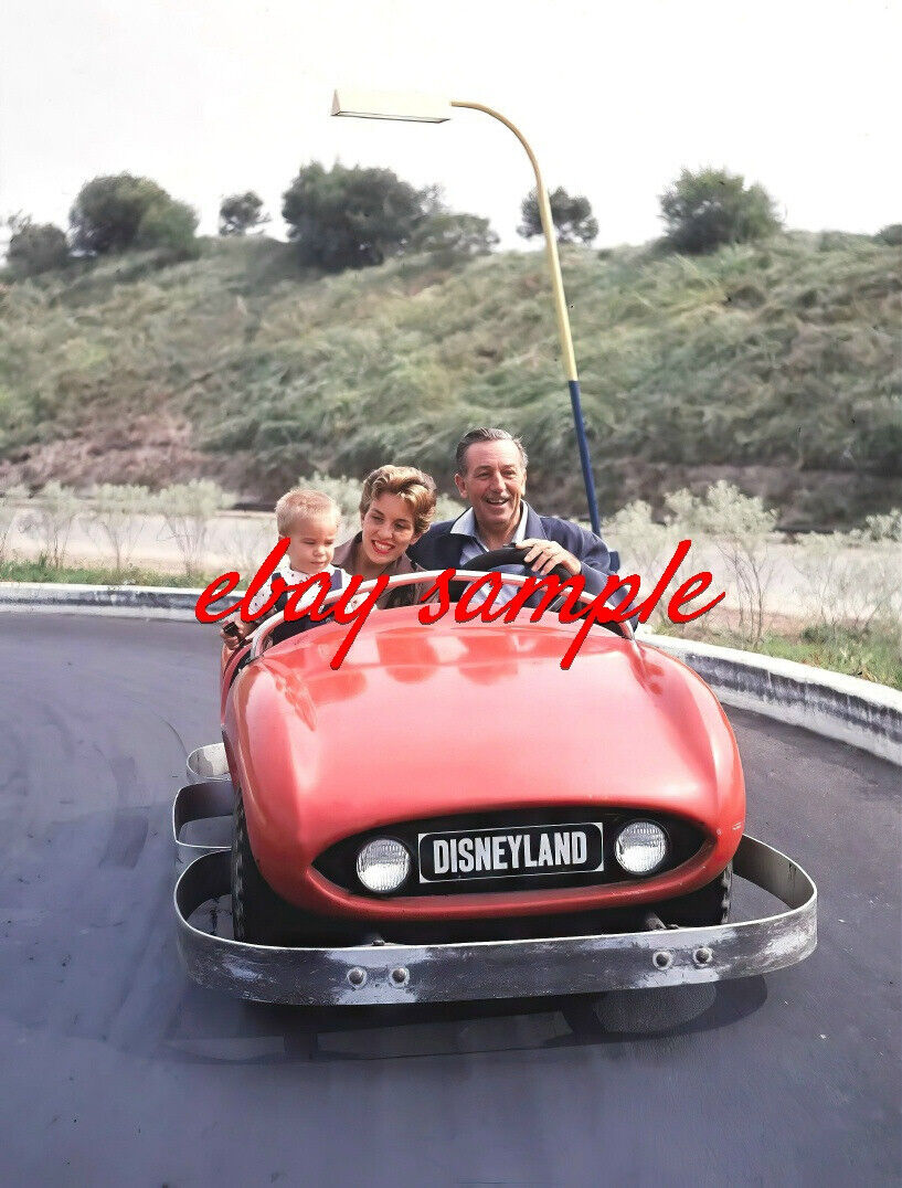 WALT DISNEY PHOTO -With daughter and grandson riding Autopia cars at Disneyland