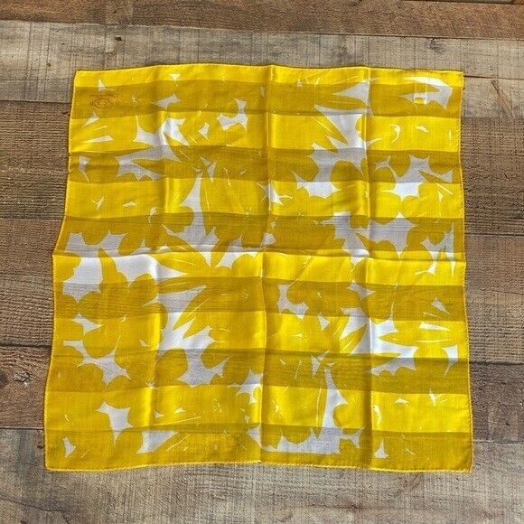 Vintage Oscar De La Renta Handkerchief Scarf Yellow White Floral 100% Silk