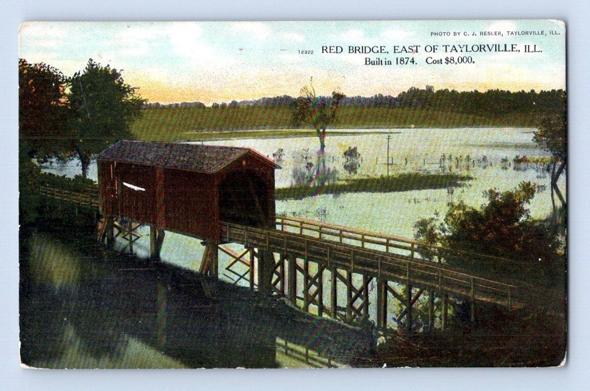 1909. COVERED RED BRIDGE. TAYLORVILLE, ILL. POSTCARD ST6