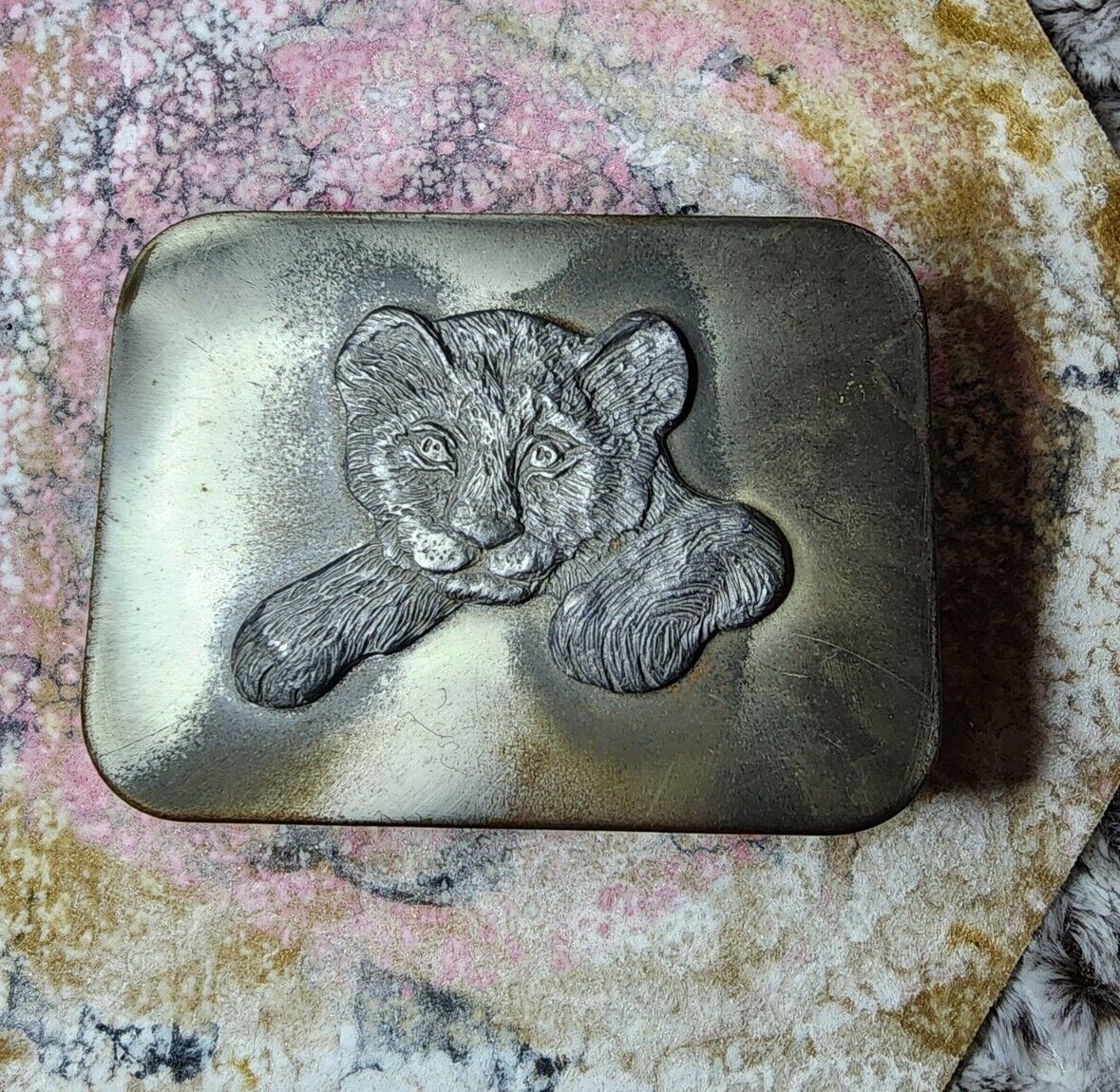 Rectangle Oden Vintage metal Pewter container Lid 3D Baby Lion Trinket Box