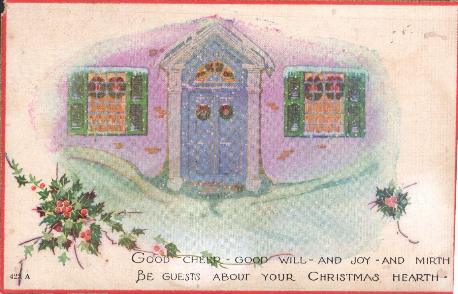 Posted Postcard 1928 Made in USA Christmas Hearth of Cottage Vintage # 423 A
