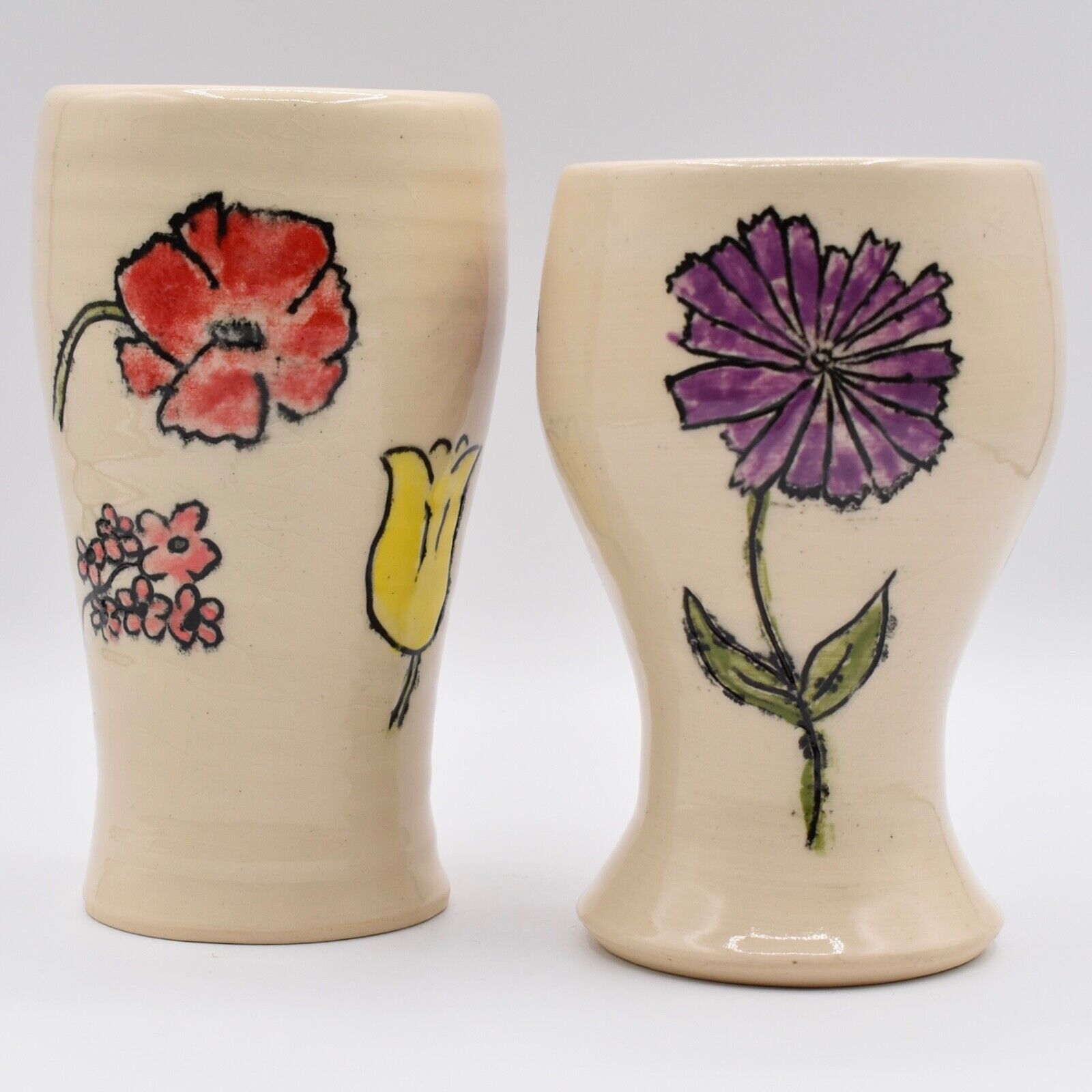Handmade Pair of Elegant Light Cream Cylindrical Tapered Vases w/Floral Design